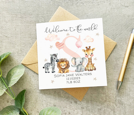 Safari Animals New Baby Girl Card